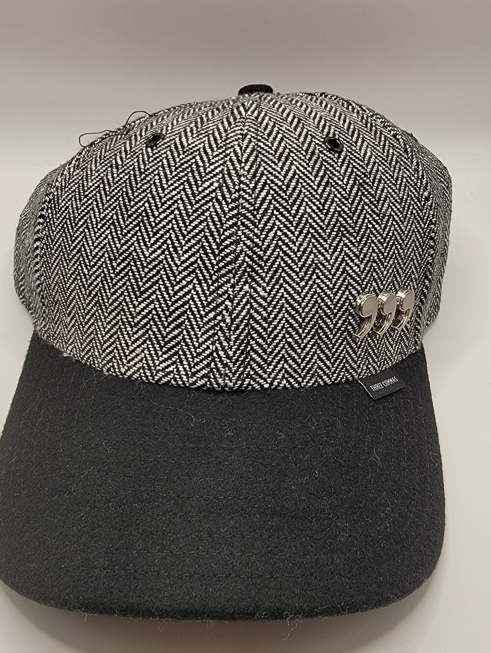 Black & White Herringbone Baseball Cap with Metal Accent - Three Commas